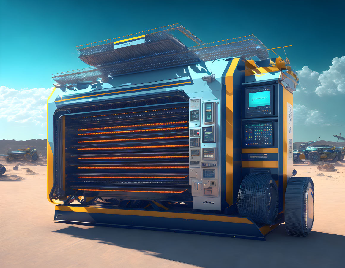 Blue and Yellow Futuristic Machine in Desert Landscape