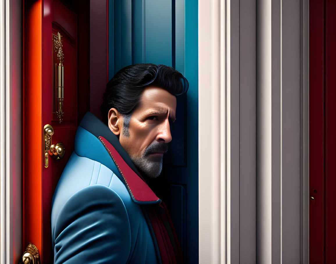 Man with Well-Groomed Beard in Blue Suit Peeking from Red Door