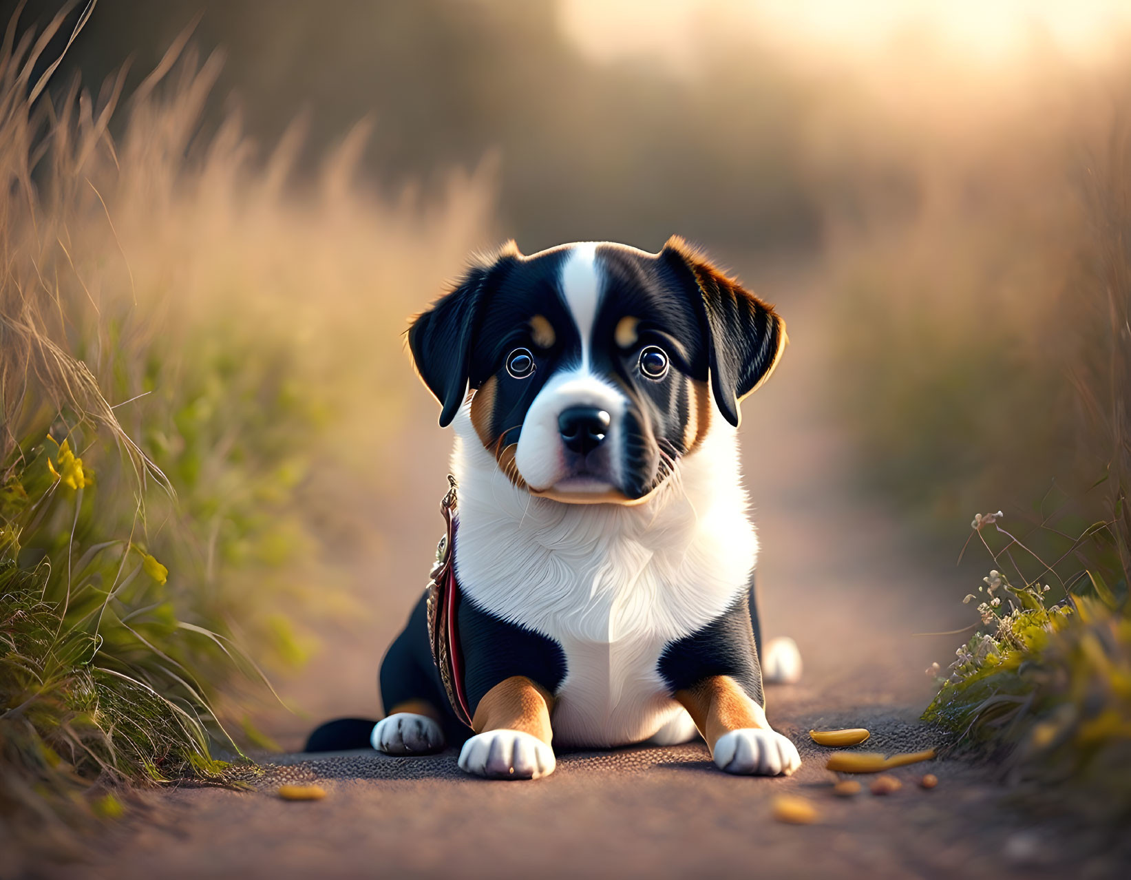 Tricolored puppy with glossy coat and big eyes in sunlit grass path