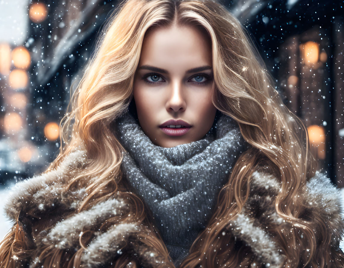 Blonde Woman in Warm Scarf Standing in Snowfall