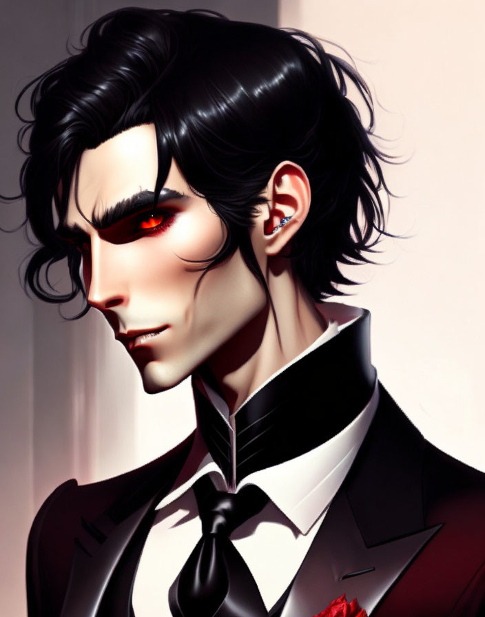 Digital artwork: Man with black hair, red eyes, sharp gaze in formal suit.