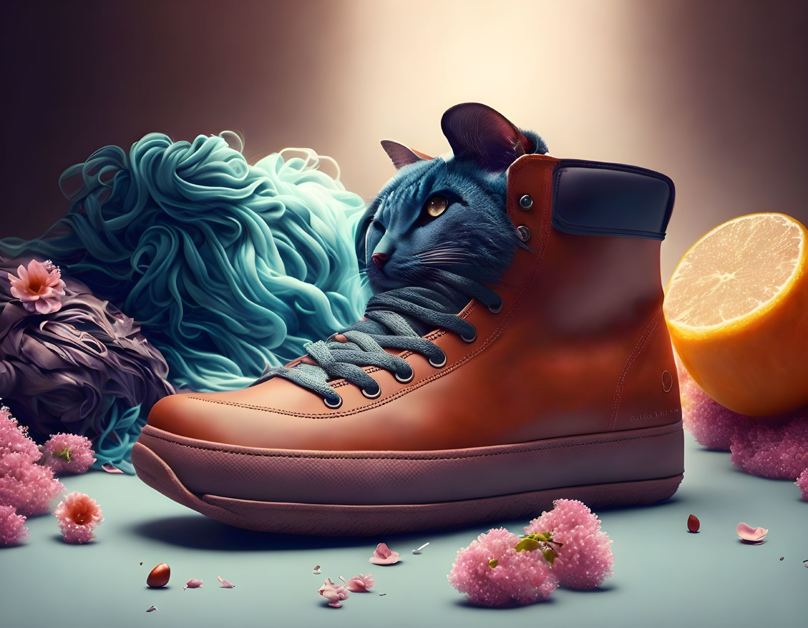 Brown sneaker with blue cat head, lemon, flowers, and pink petals on soft background