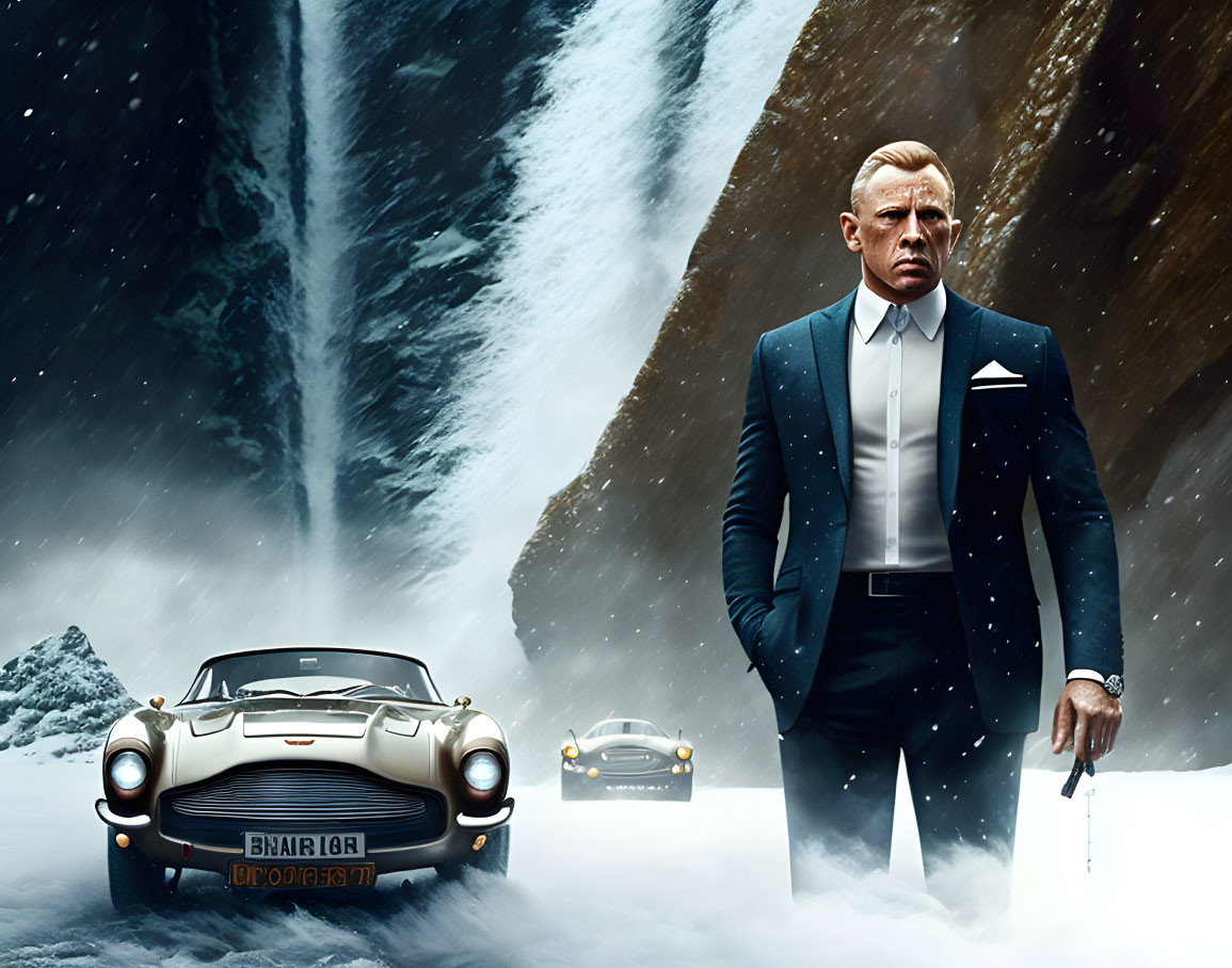 Man in tuxedo with sports car and waterfall in snowy cave