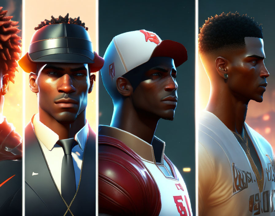 Three stylized digital portraits of a male figure with different outfits and hairstyles against a sunset backdrop