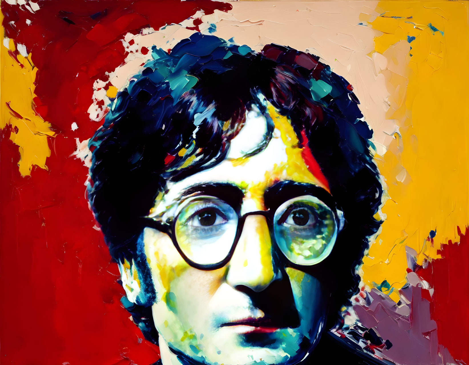 Colorful Portrait of Man with Round Glasses in Red, Yellow, and Blue