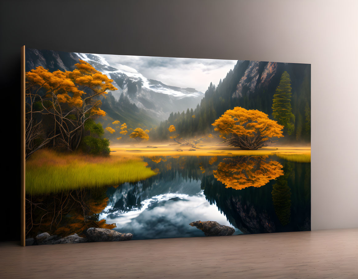 Large Framed Landscape Painting of Autumn Mountain Valley