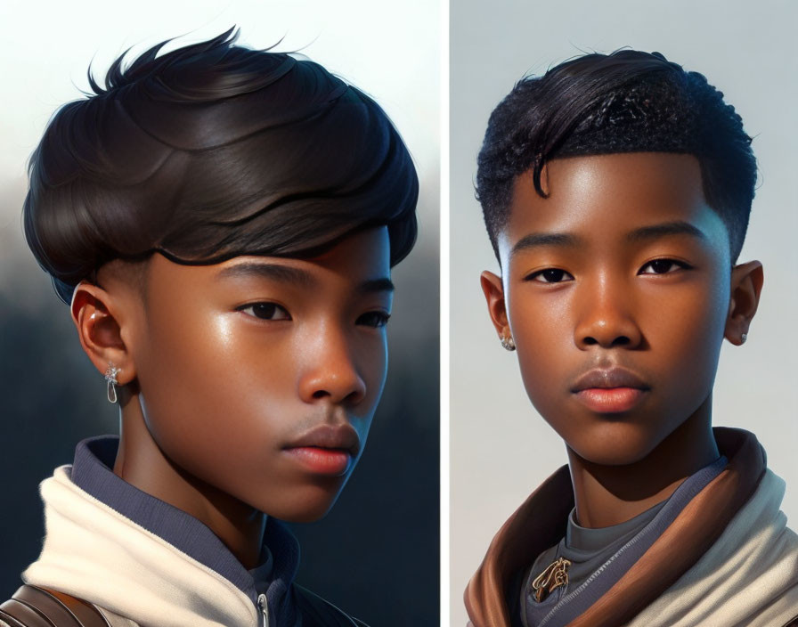 Digital artwork: Split image of boy with stylish hair in warm and cool tones.