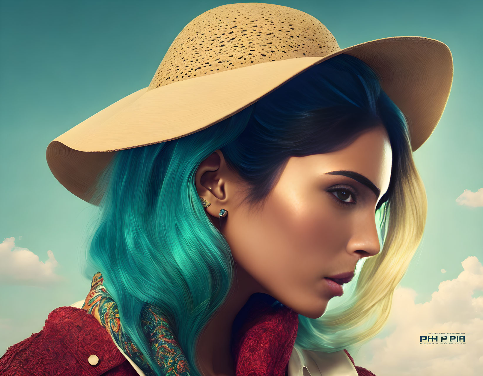 Detailed digital artwork: woman with turquoise hair and straw hat on sky-blue background, red jacket.