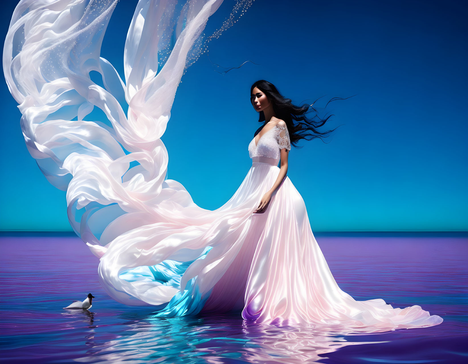 Woman in flowing white dress by tranquil purple sea with swirling gown train