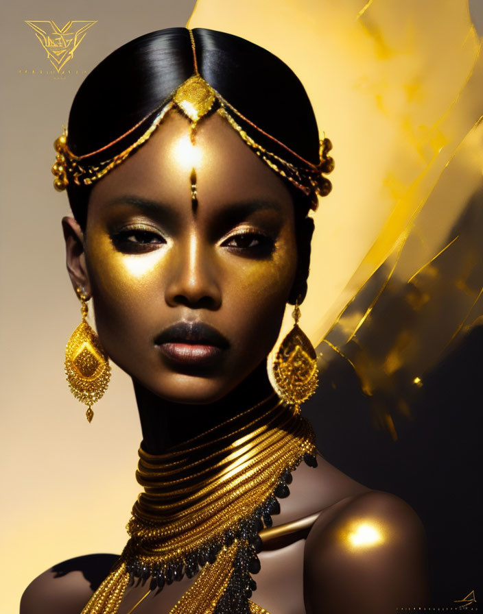 Woman Portrait with Striking Makeup and Gold Jewelry on Dark Background