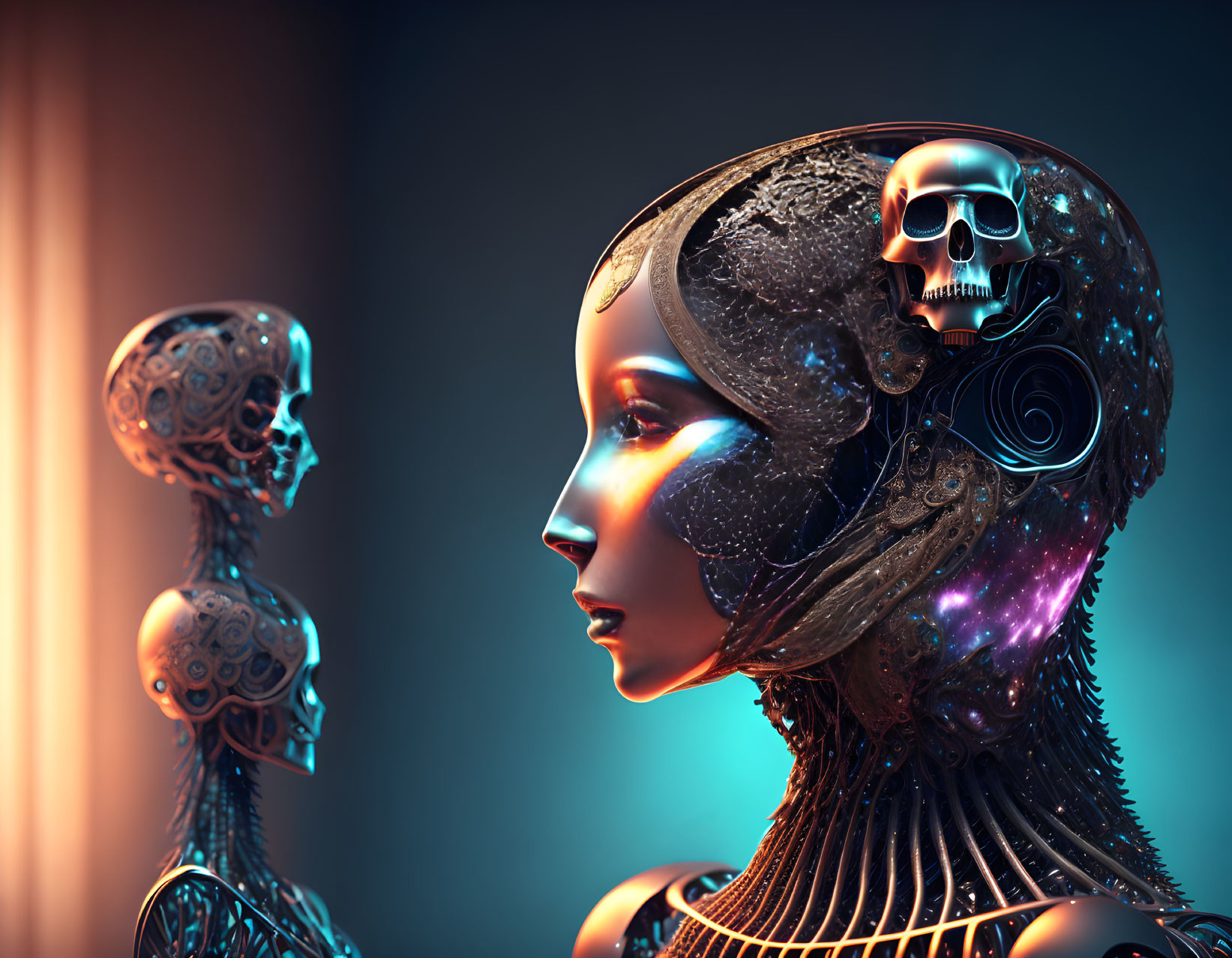 Futuristic robotic heads with intricate skull designs in contemplative interaction