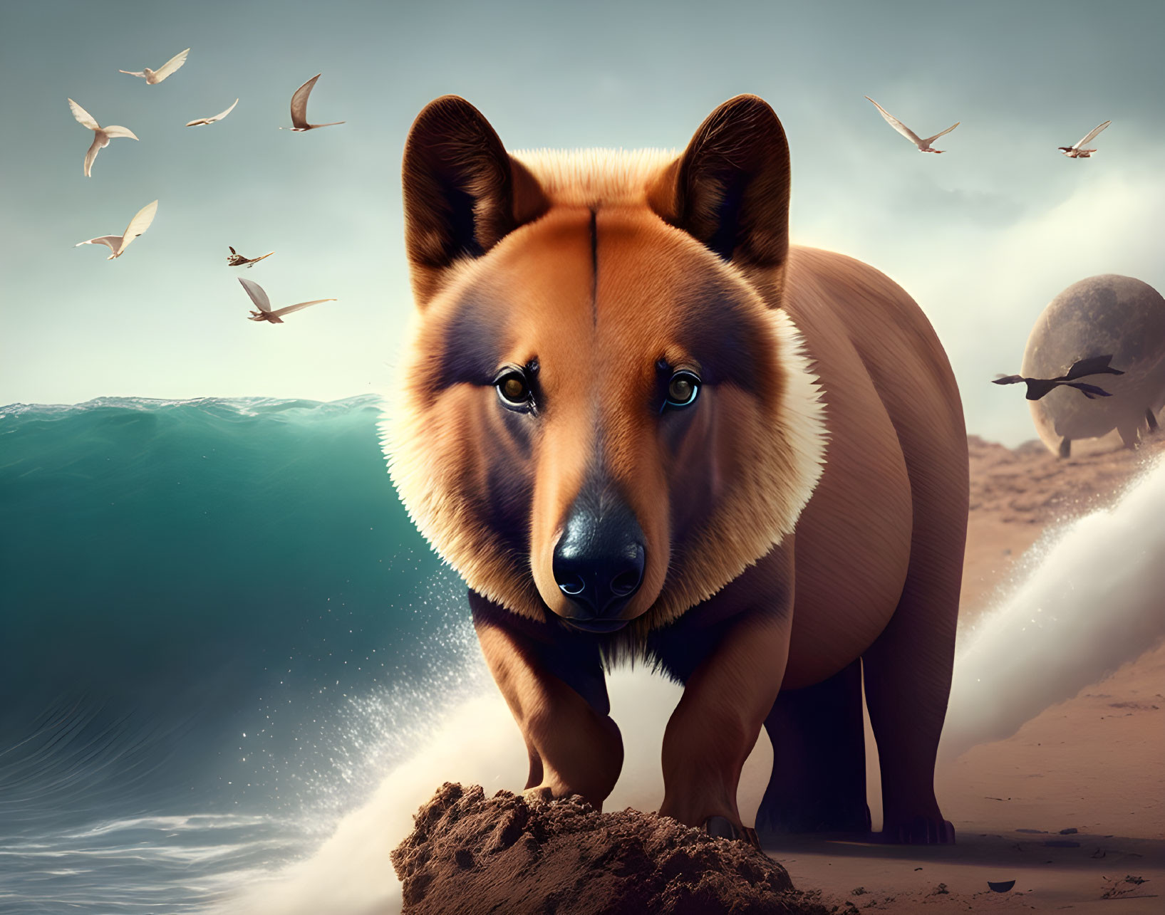 Surreal image: Large dog with bear head on beach, birds in sky, moon-like sphere