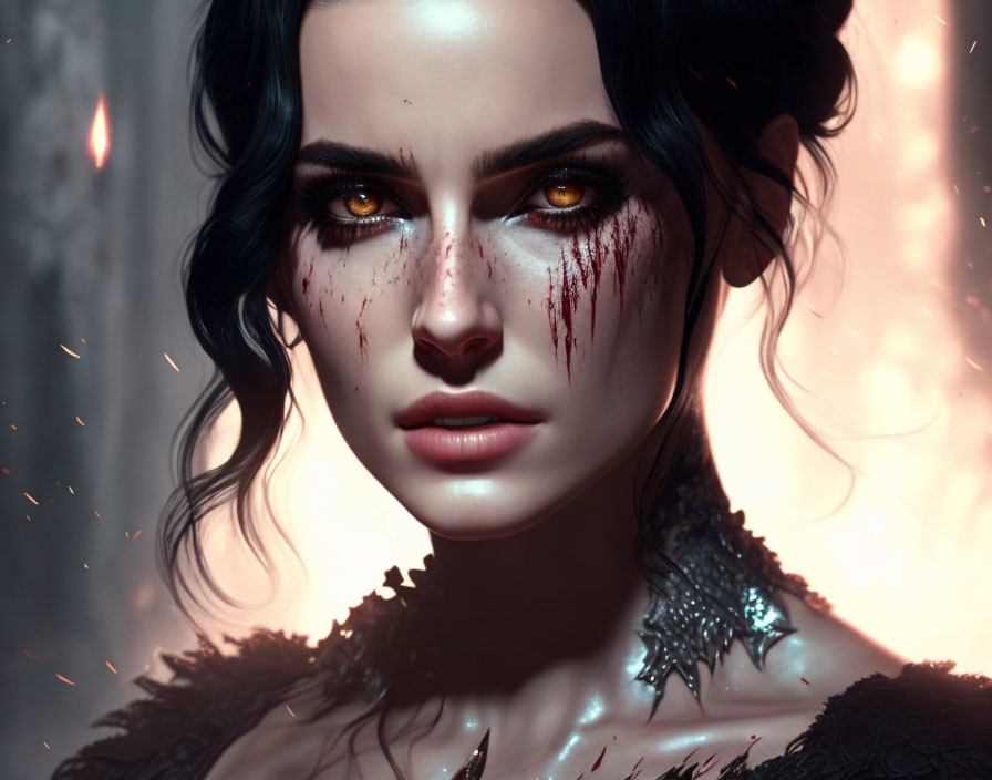 Dark-haired woman with intense eyes and blood streaks in fiery digital artwork