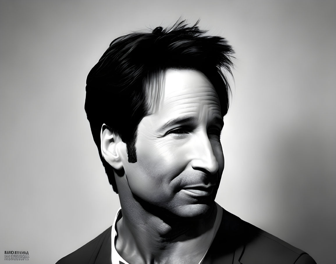 Monochrome digital art of a man in suit with dark hair