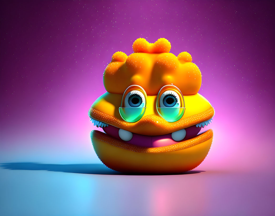 Whimsical 3D hamburger character on purple starry background