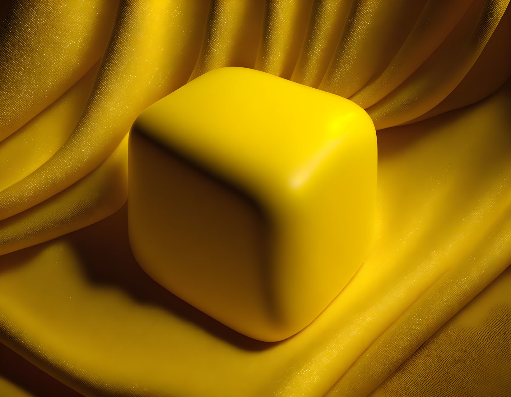 Yellow Dice on Yellow Satin Fabric with Strong Light Source and Shadow