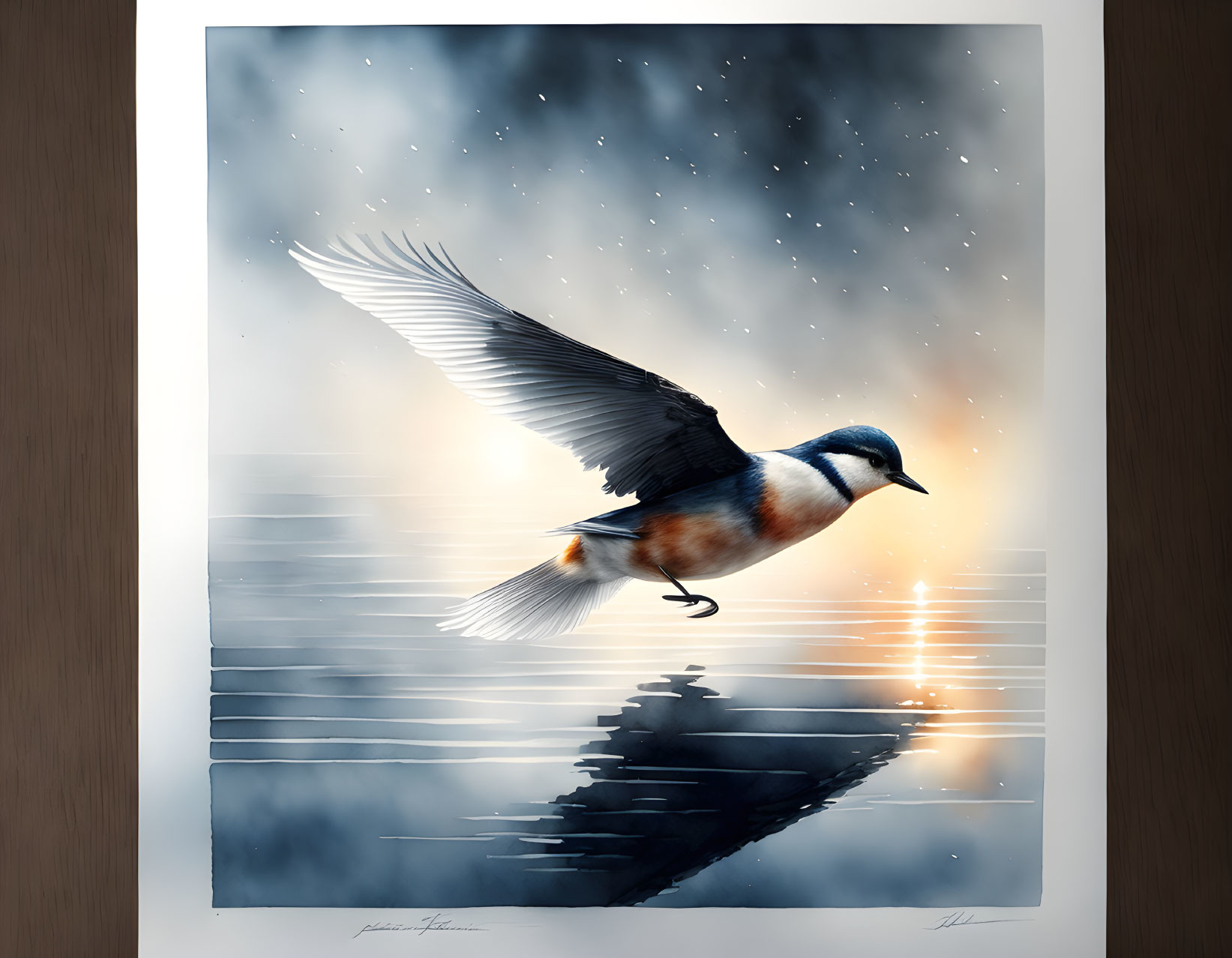 Bird in Flight Over Water at Sunset with Stars Reflection