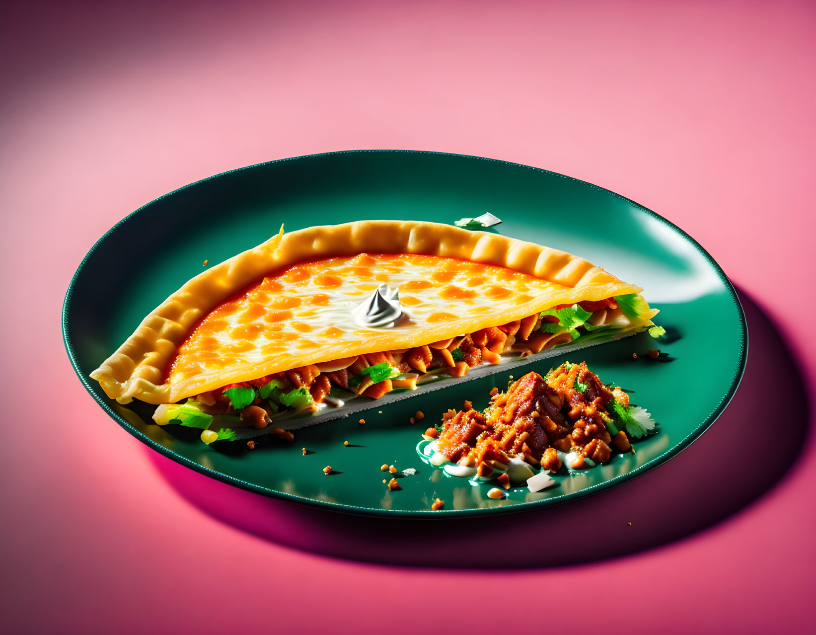 Vibrant taco plate with lettuce, cheese, sour cream on pink background