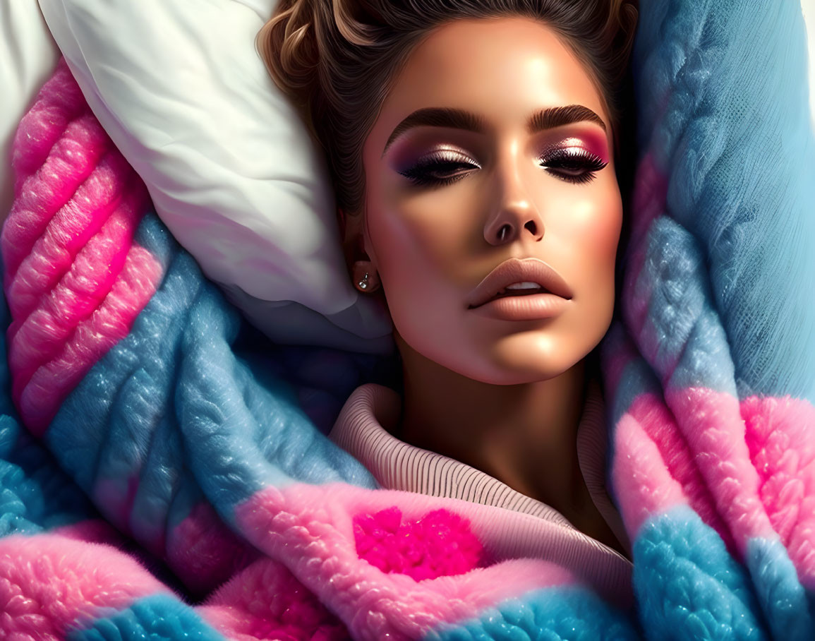 Woman with Makeup Relaxing on Cozy Blue and Pink Blankets