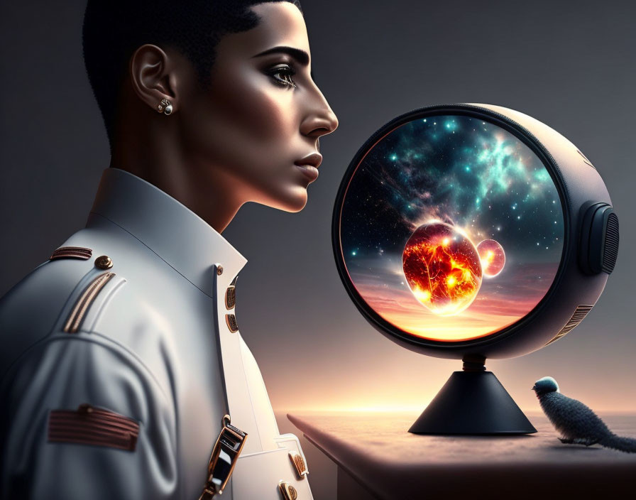 Person in uniform gazes at cosmic explosion in spherical monitor with bird.