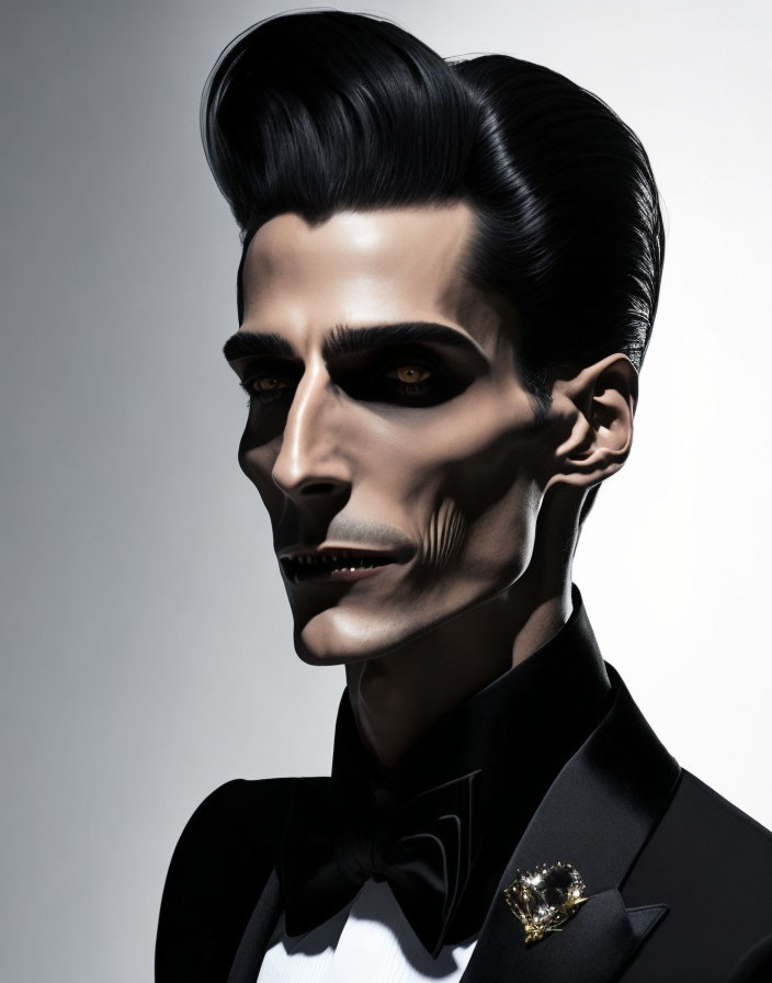 Stylized image of person with exaggerated facial features and pompadour hairstyle