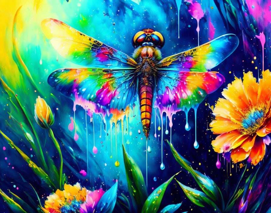 Colorful Dragonfly Artwork Among Flowers on Blue Background