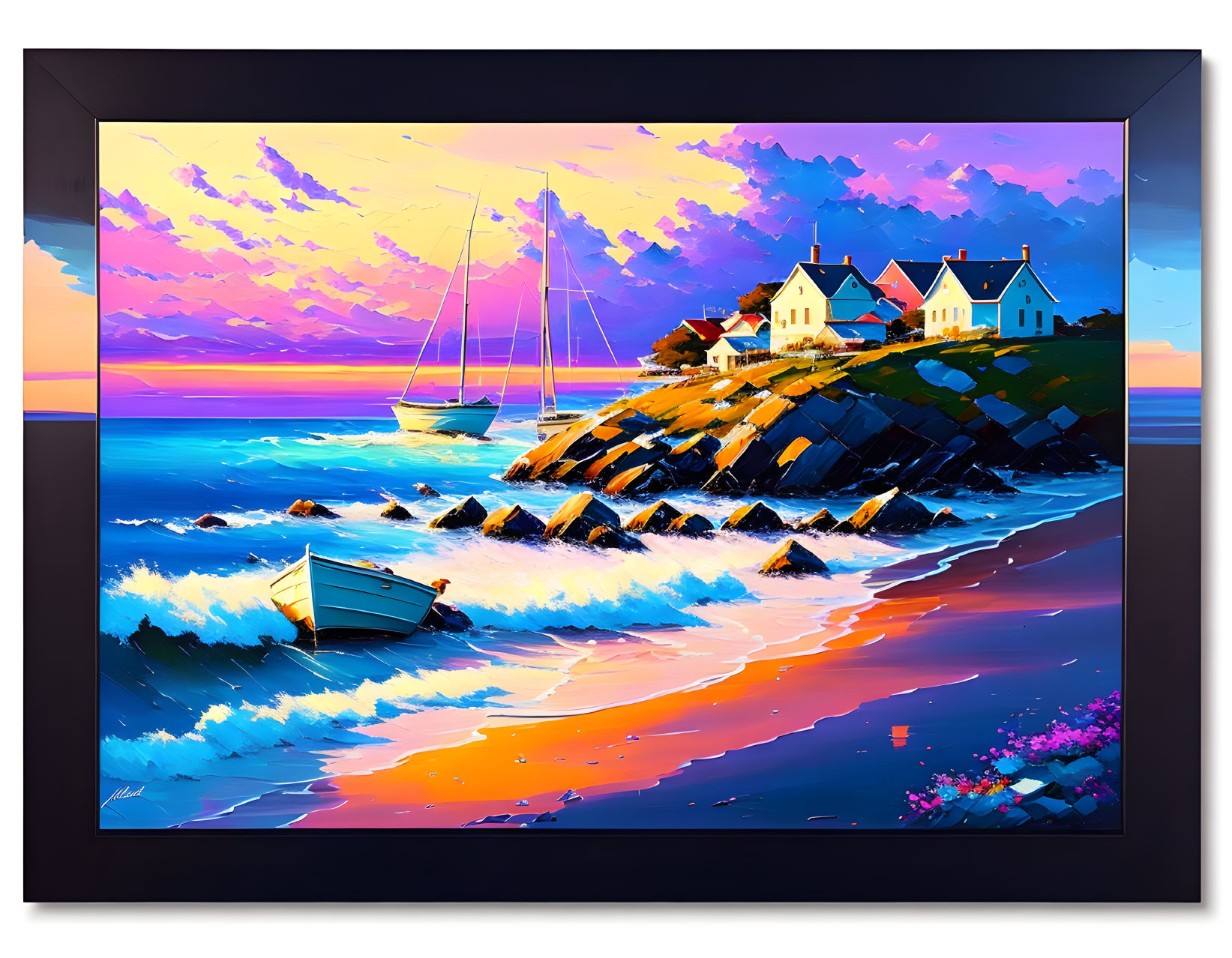 Colorful Coastal Sunset Painting with Boat, Sailboat, Rocks, and Houses