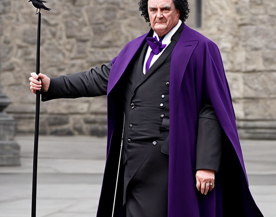 Victorian man in purple cape with cane against stone building.