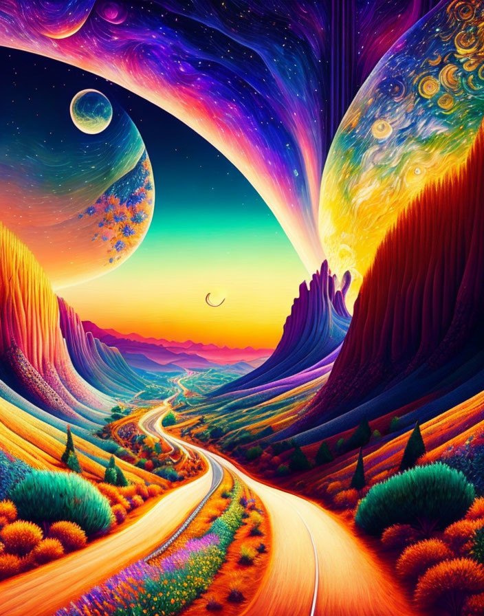 Colorful Landscape with Winding Road and Starry Sky