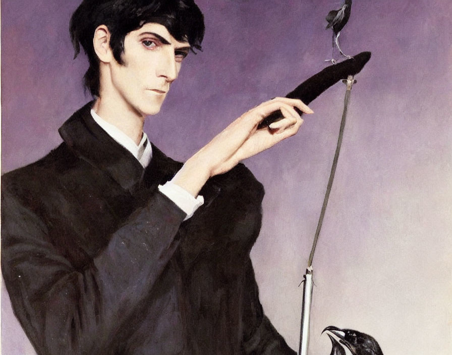 Illustration of man with raven on hand in black suit on purple background