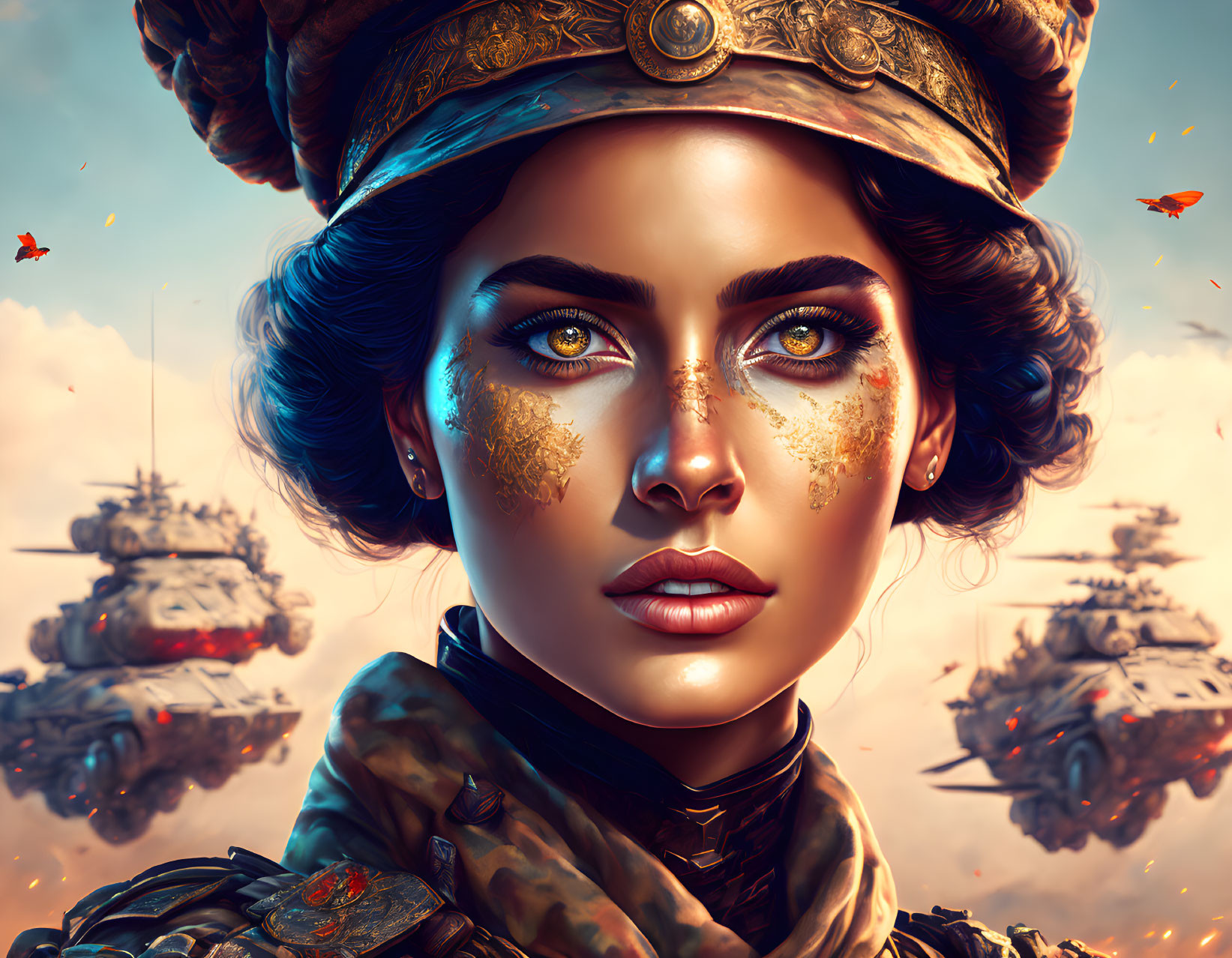 Digital artwork: Woman with blue eyes, gold leaf, military attire, tanks, and cloudy sky.