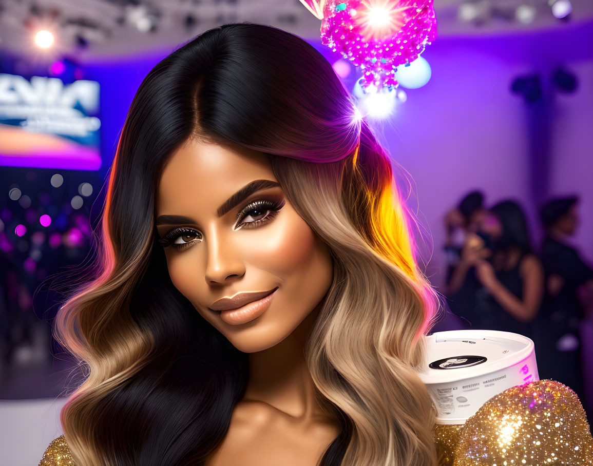 Digital illustration: Woman with voluminous hair, gold dress, glowing makeup at elegant event