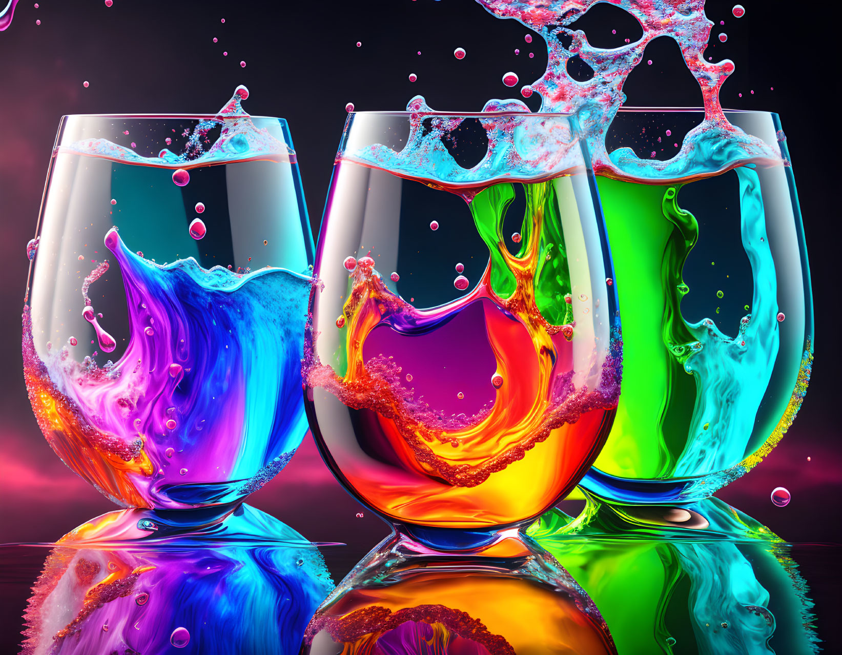 Colorful liquid splashing in glasses on pink and purple background