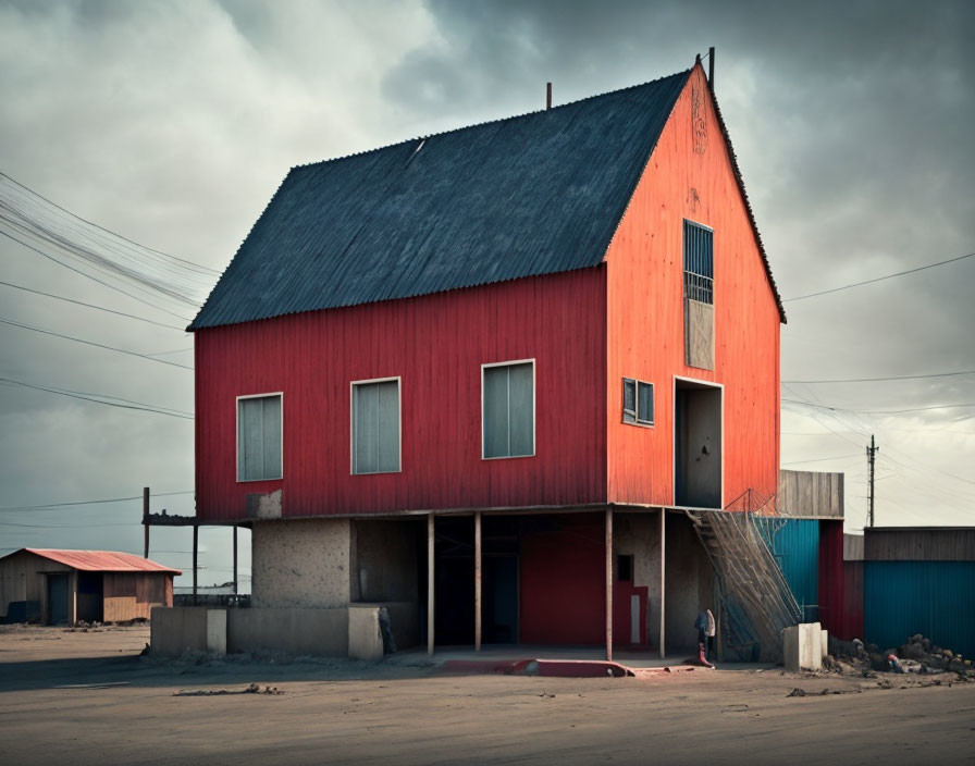 Two-story red house on stilts with black roof and stairs against moody sky