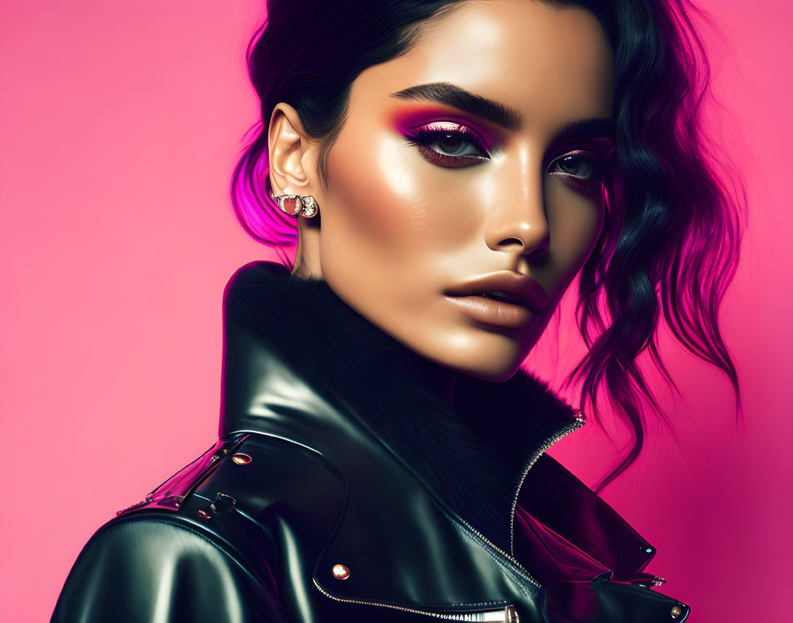 Bold Makeup Woman in Leather Jacket on Pink Background