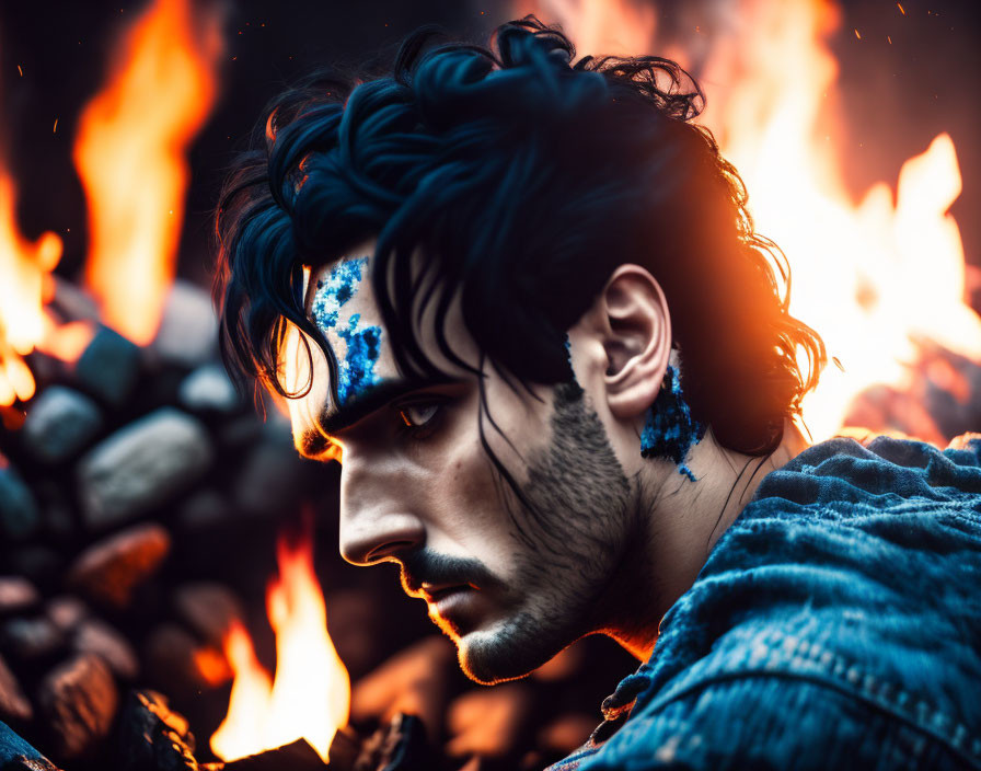 Dark-haired man with frost pattern face paint against blazing fire background.