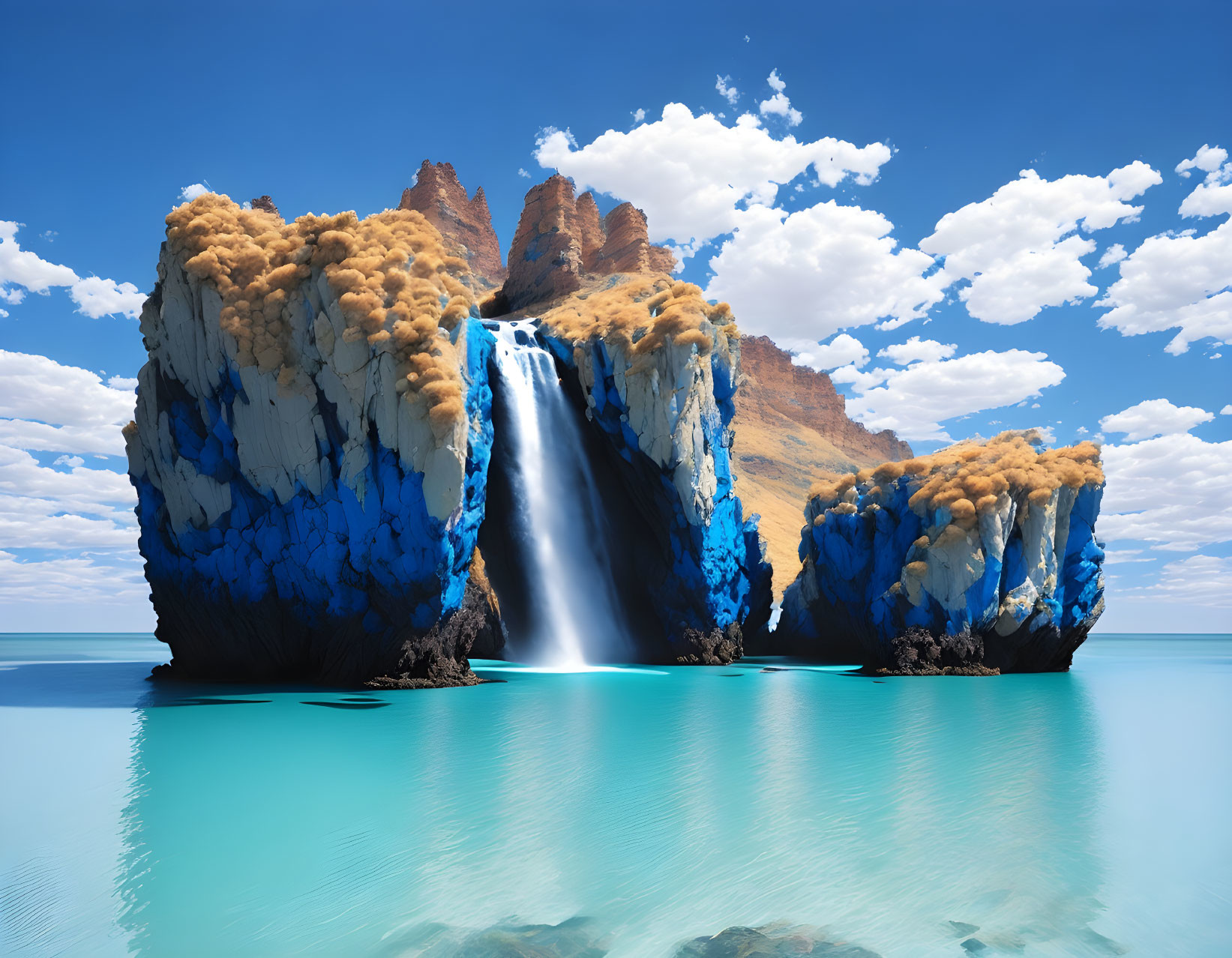 Digitally altered image of waterfall between rock formations with blue and tan foliage under clear sky