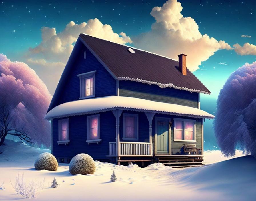 Cozy Blue House in Snowy Winter Night