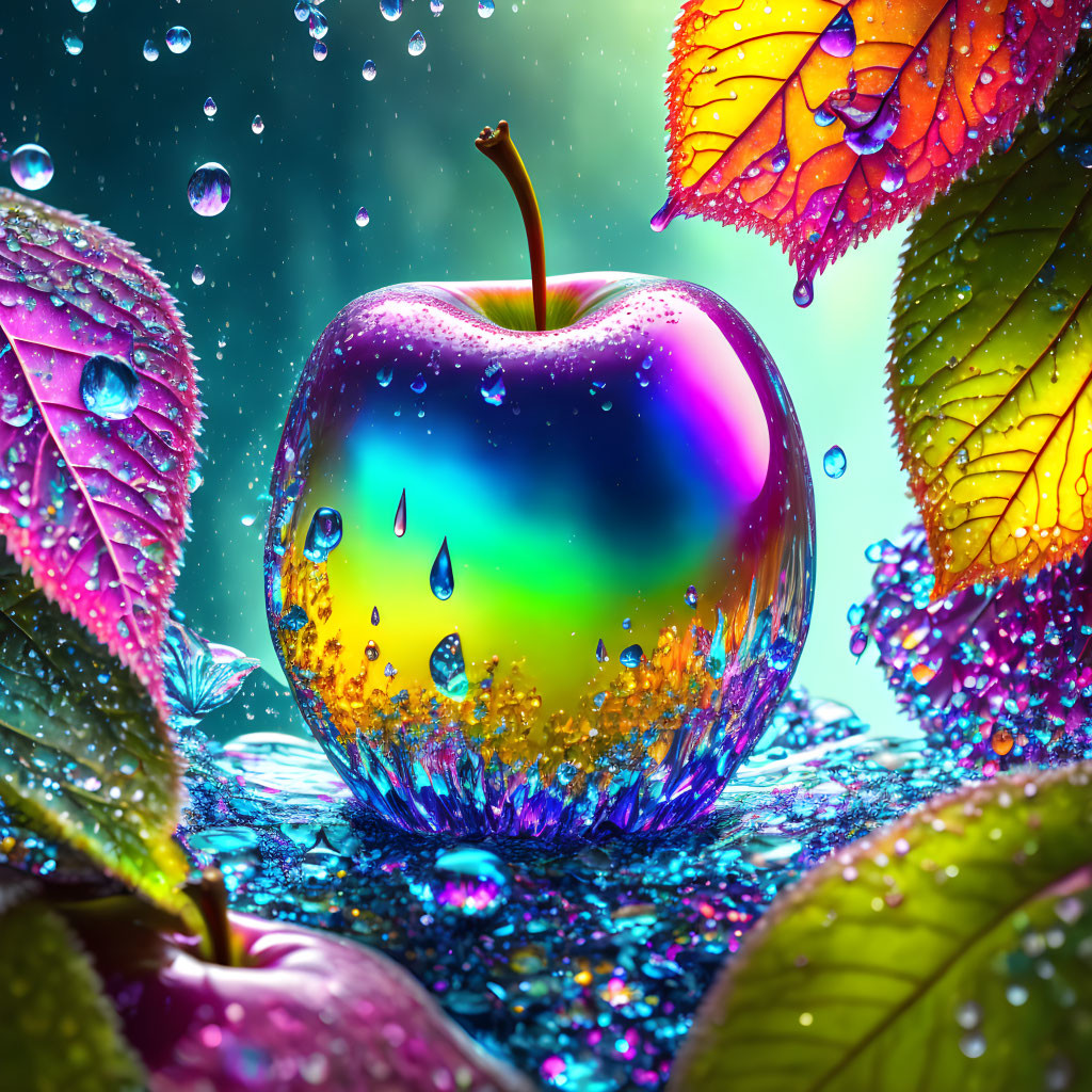 Multicolored apple with dew-covered leaves and suspended water droplets in magical glow