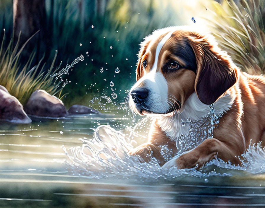 Brown and White Dog Sitting in Nature with Sunlight and Water Droplets