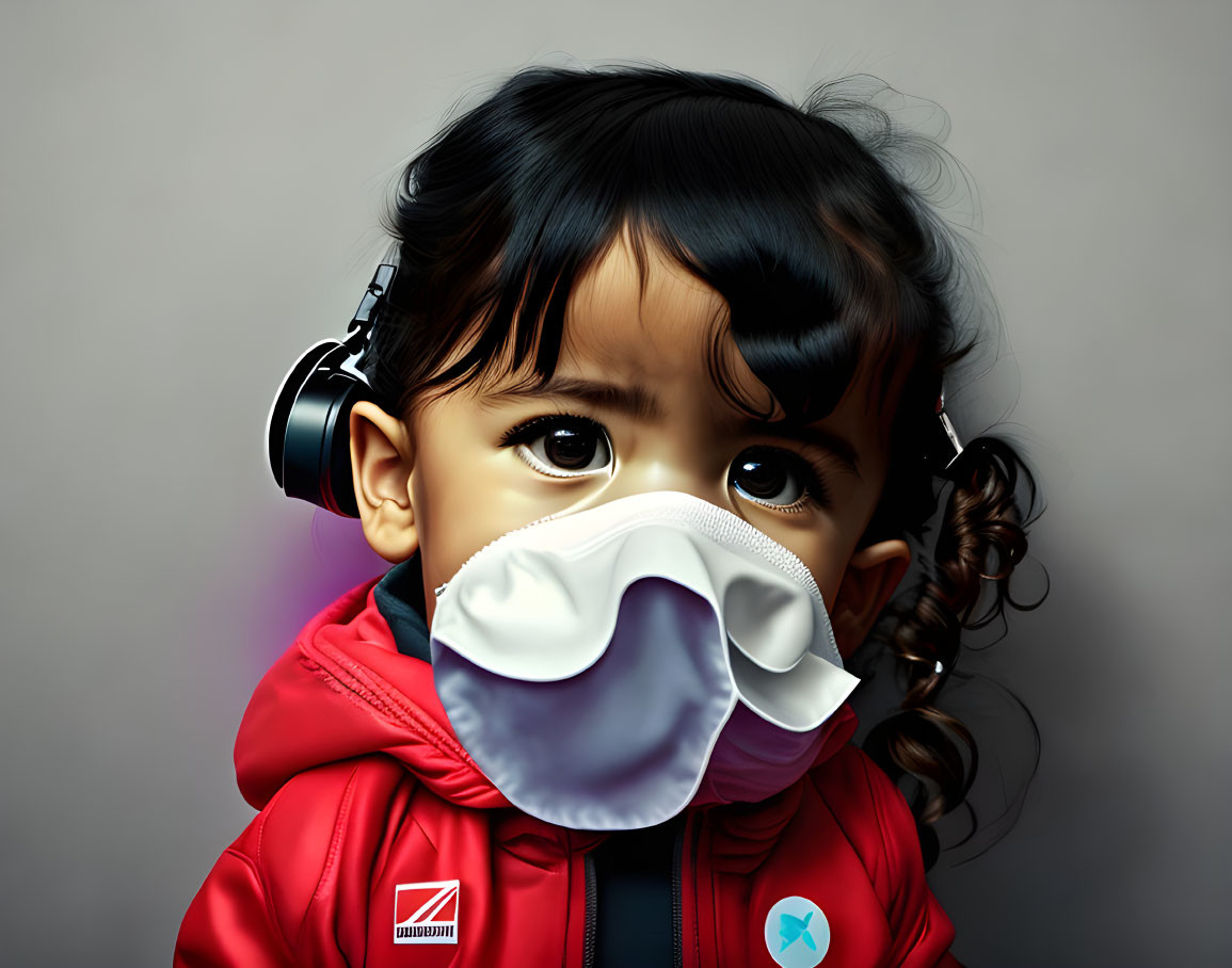 Child with Dark Curly Hair in Red Jacket & Headphones Wearing Face Mask