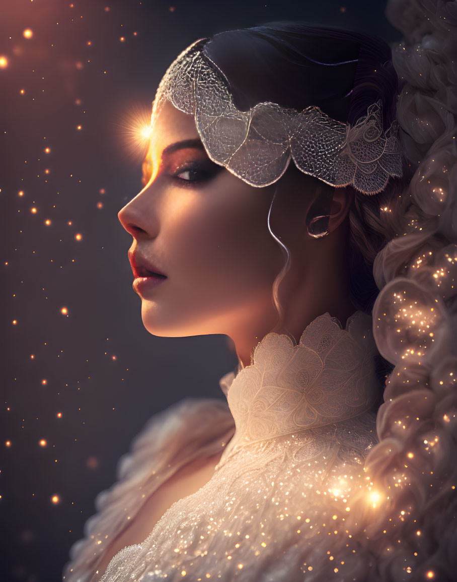 Profile of elegant woman in lace headpiece and white dress, surrounded by glowing sparkles