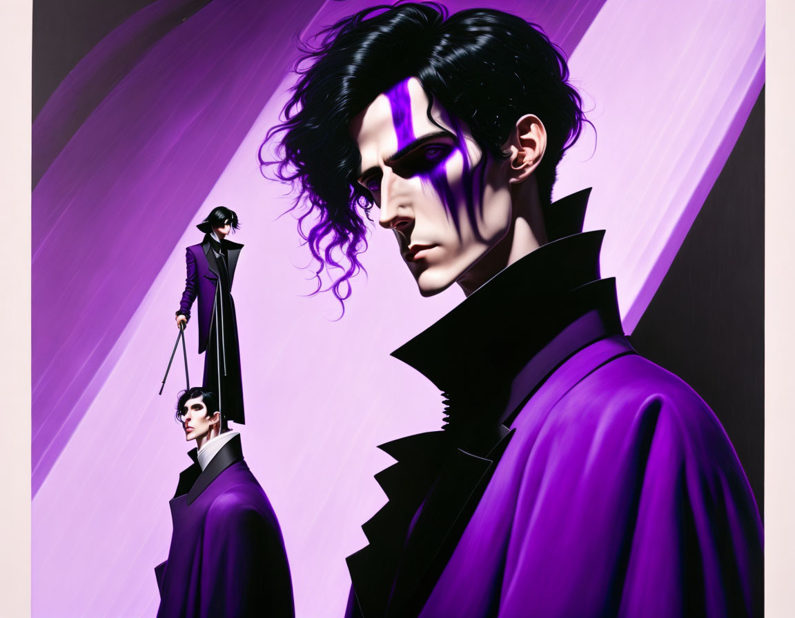 Digital artwork: Person with purple highlights, dark hair, high-collared coat, and figure with