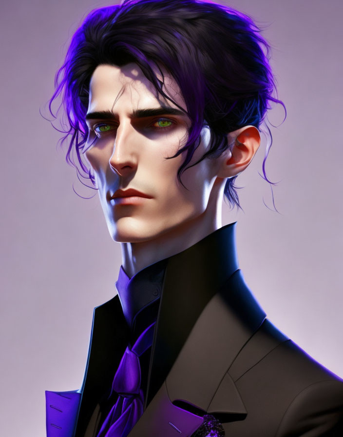 Digital portrait of male figure with sharp features, green eyes, dark hair, black suit with purple tint