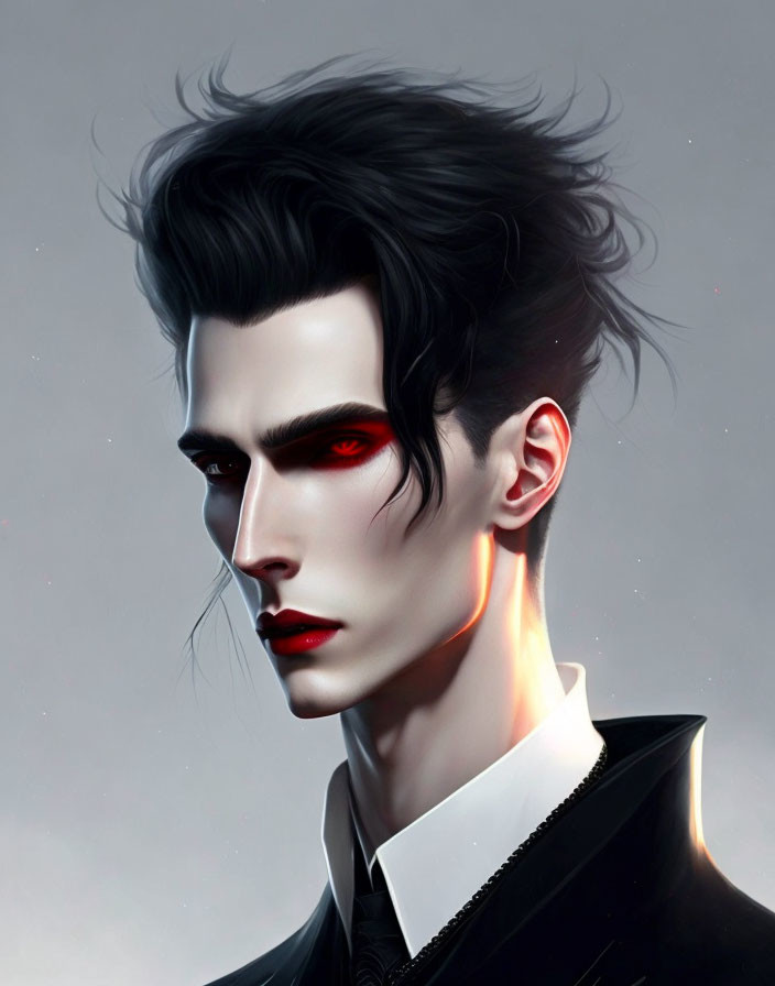 Male figure with sharp features, high cheekbones, dark hair, and striking red eyes