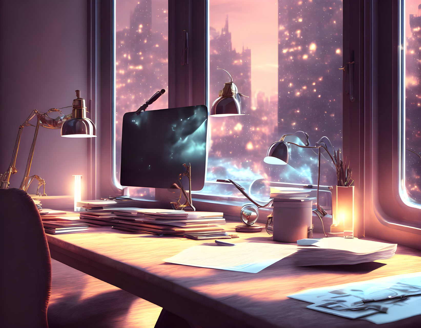 Cozy workspace with computer, papers, lamps & city view at twilight