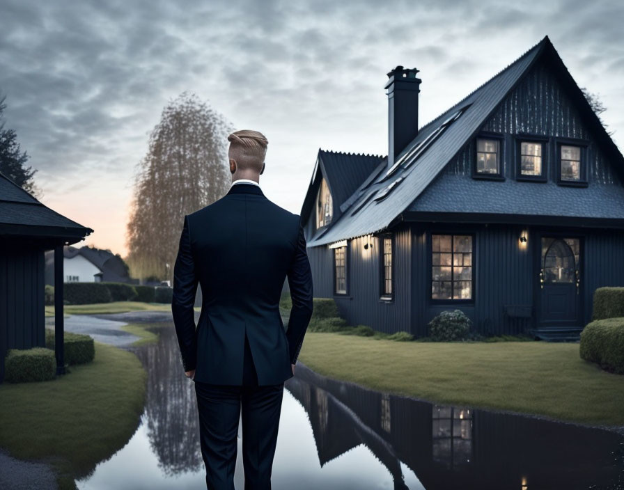 Man in suit gazes at blue house with lit windows at dusk, mirrored in water.