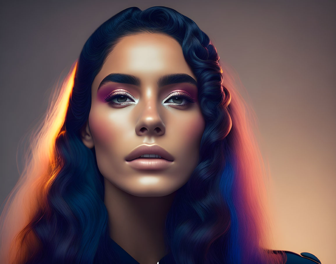 Digital artwork: Woman with blue hair, pink highlights, flawless skin, captivating eye makeup on neutral background