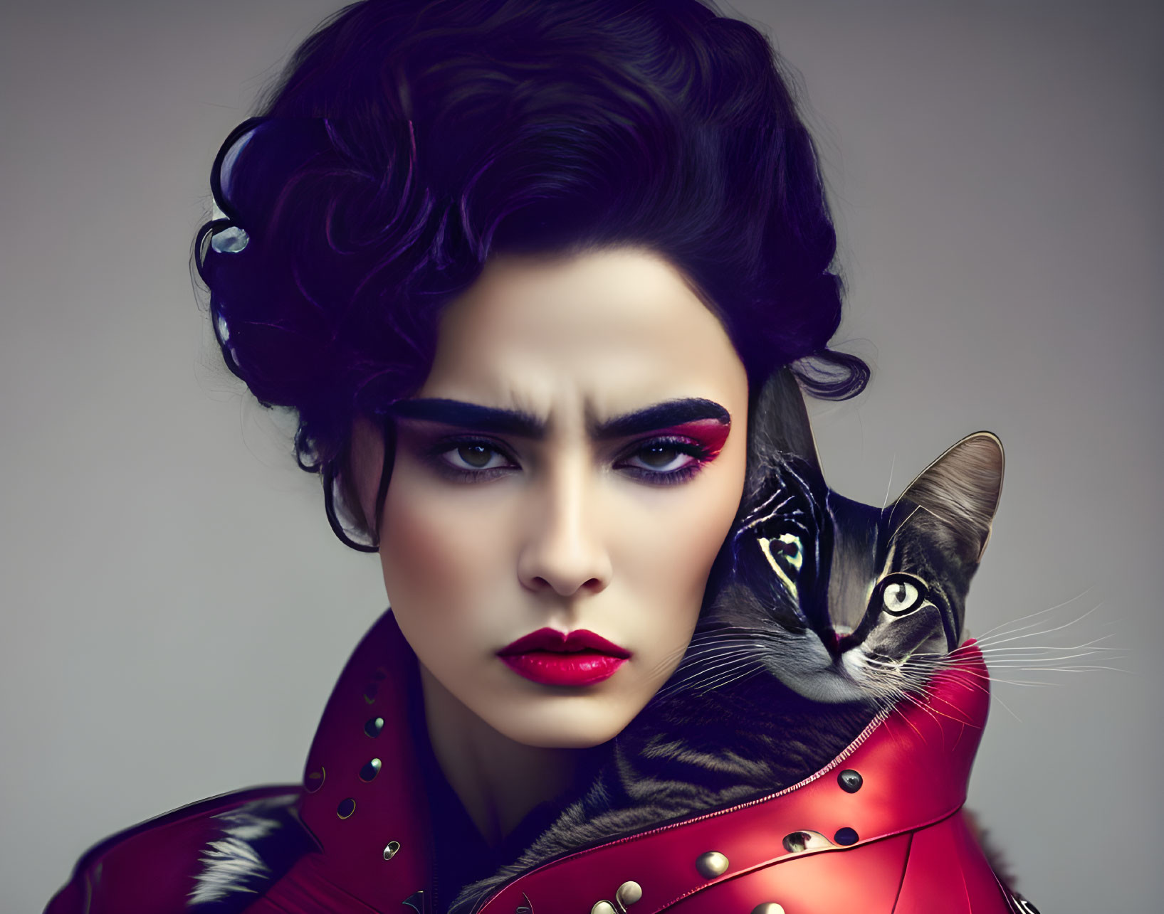 Stylized portrait of woman with dramatic makeup and cat mirroring expression