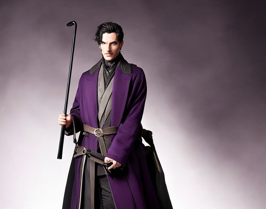 Stylish individual in purple coat with high collar and cane on purple backdrop